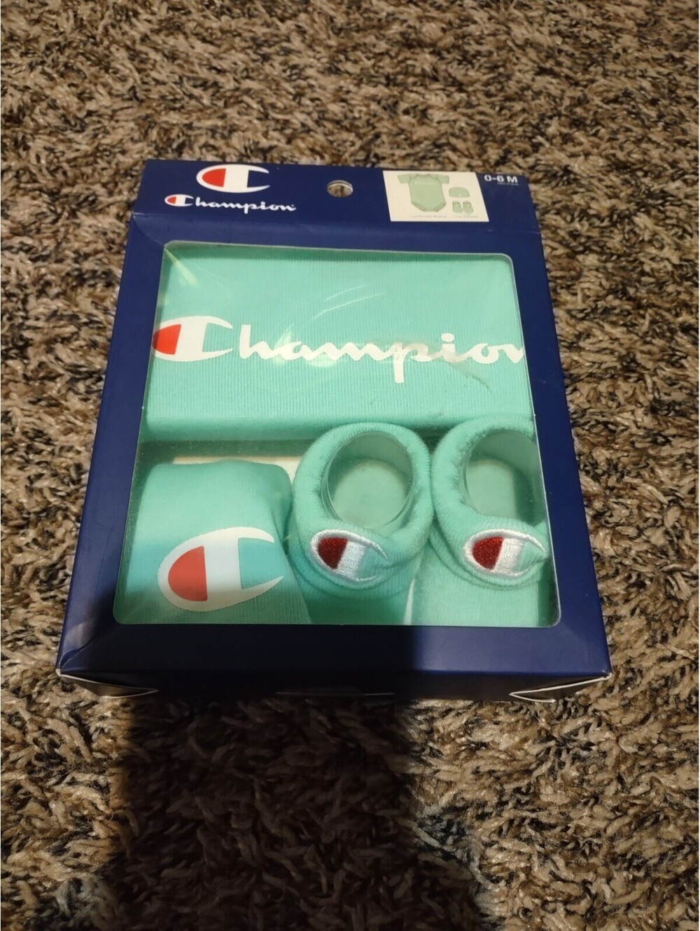 Champion Infant Logo Aquamarine Body Suit Hat & Booties Size 0-6 Months